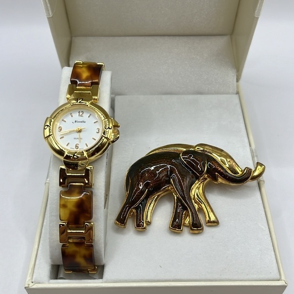 Elephant Novelle watch Faux Tortoise Gold Tone Link Watch  Pin Gift Set - Picture 2 of 10